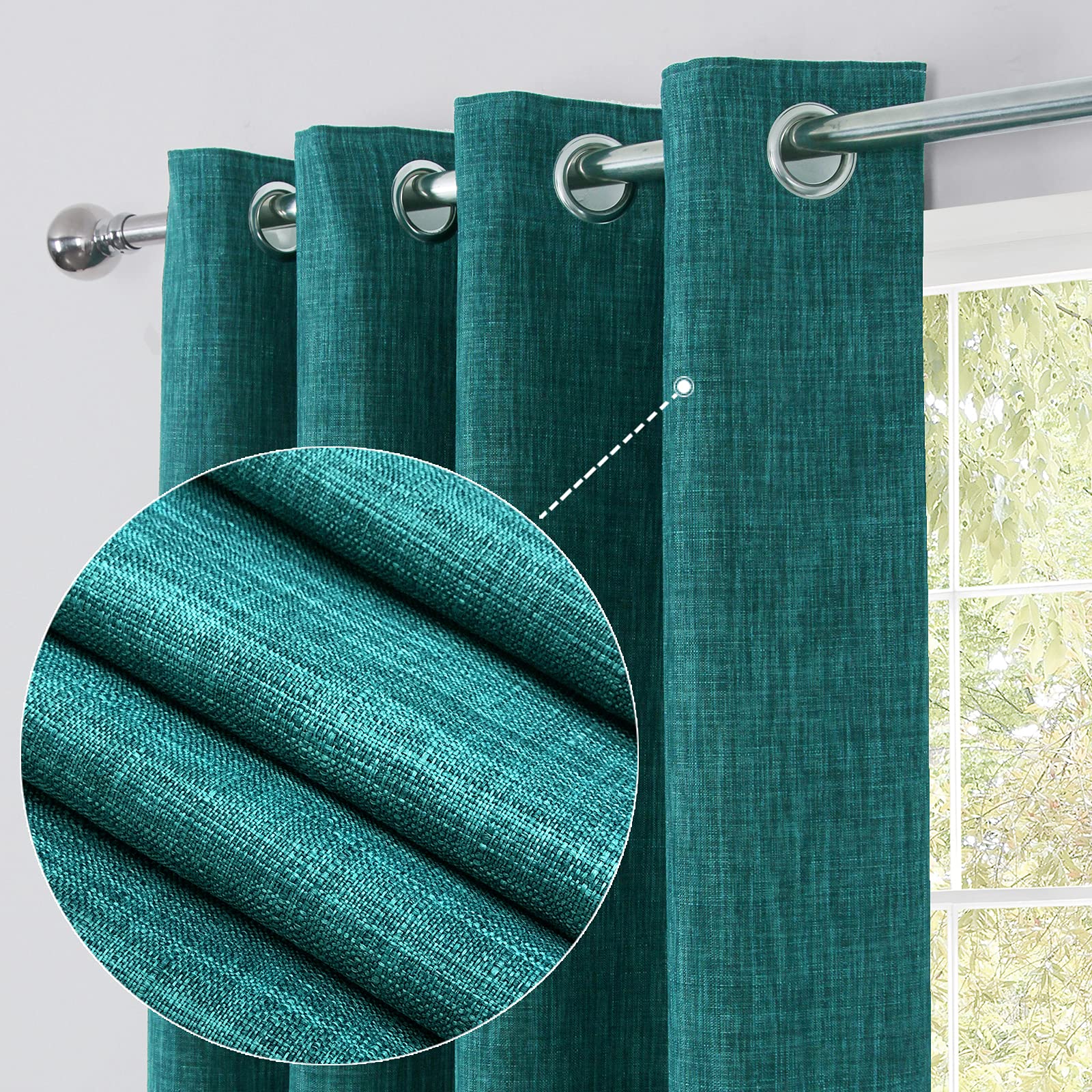 always4u Linen Look 100% Blackout Eyelet Curtains Thermal Energe Saving for Bedroom 1 Pair Noise Reducing Solid Modern Window Treatment for Home Decoration Teal W46*L72