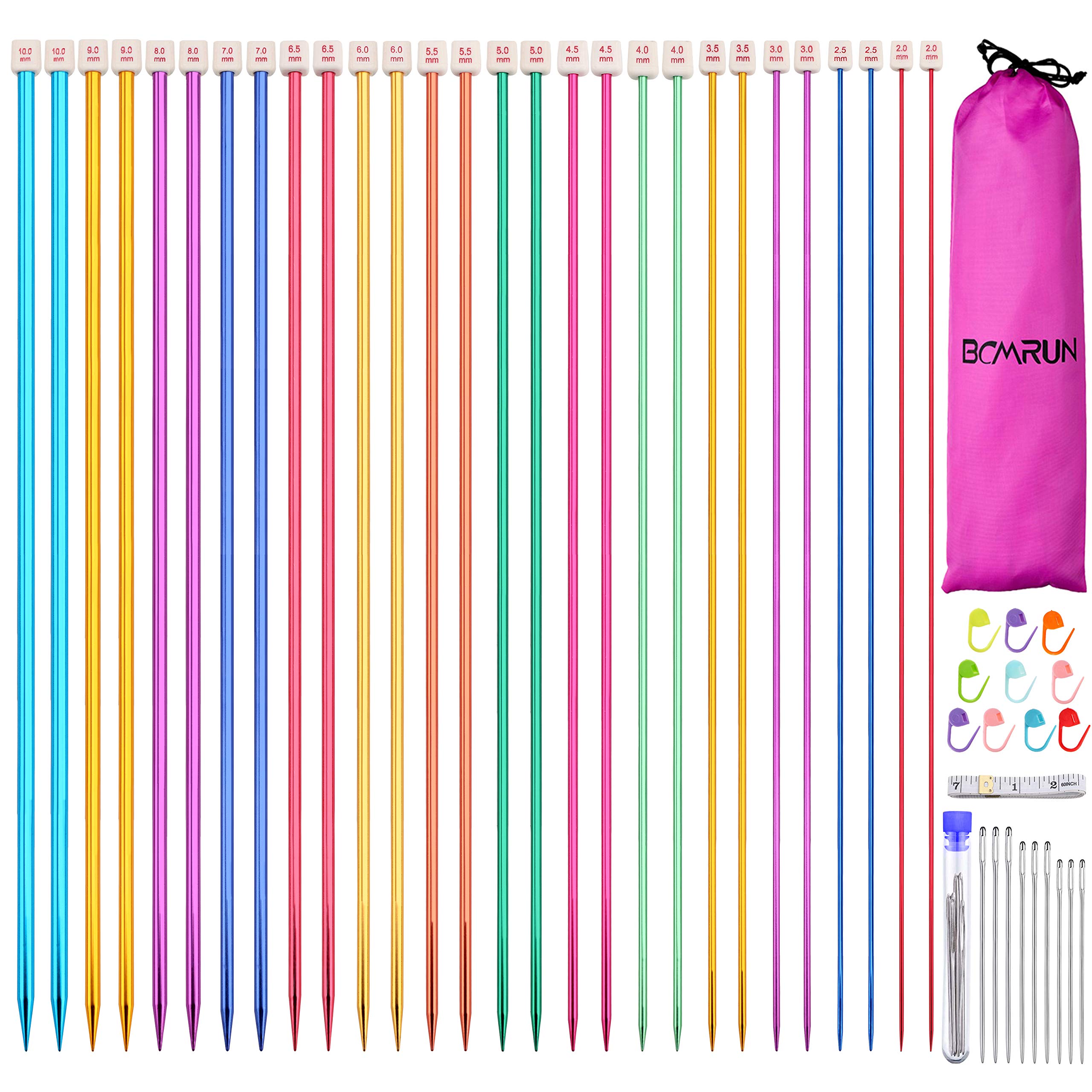 BCMRUN 28pcs/14 Pairs Stainless Steel Single Knitting Needles, Straight and Colorful, 14 Sizes 2-10mm, Length 35cm for Handmade Knitting