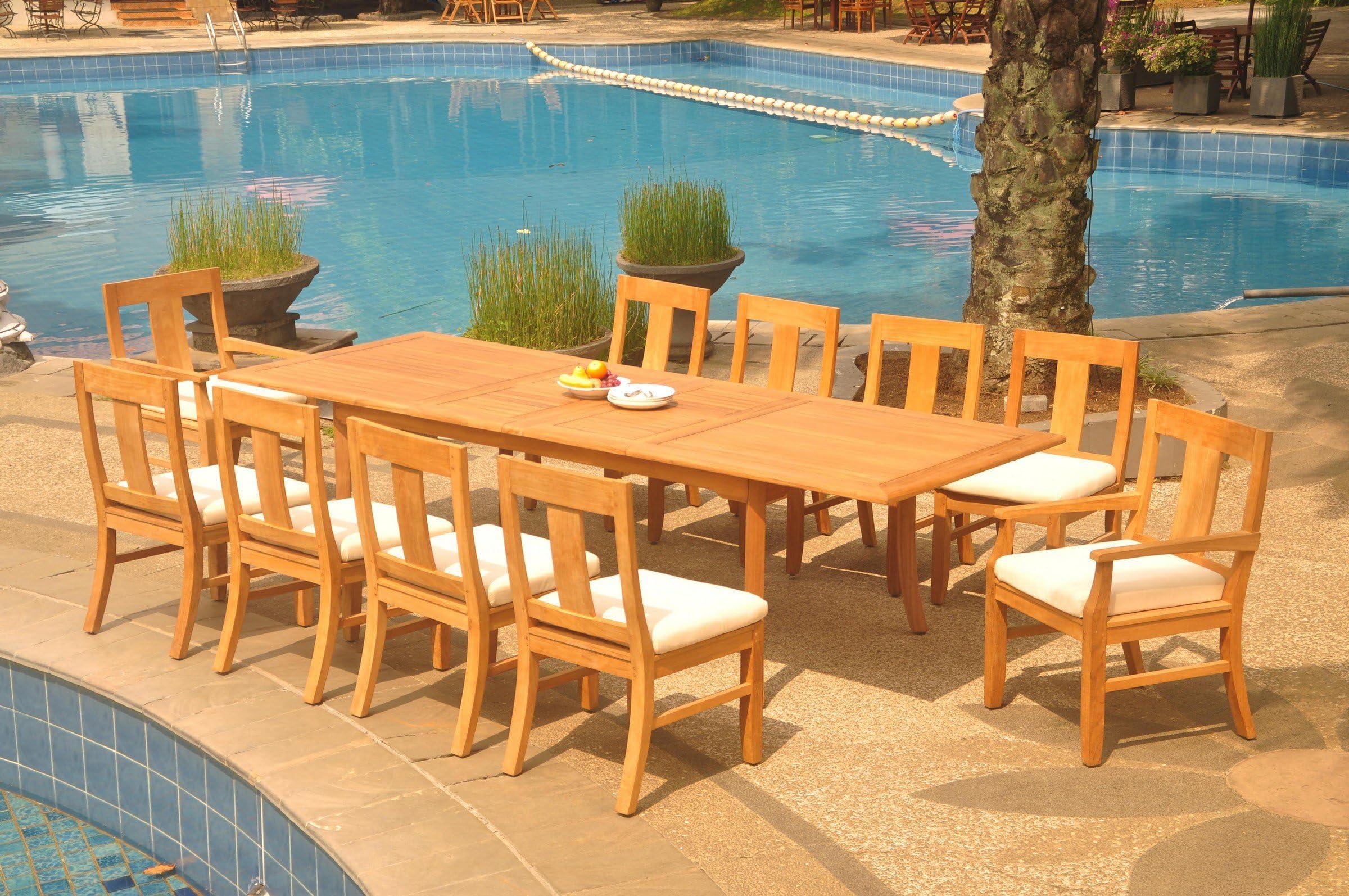 10 Seater Grade-A Teak Wood 11 Pc Dining Set: 118" Double Extension Rectangle Table and 10 Osborne Chairs (2 Arm & 8 Armless Chairs) #TSDSOS91