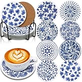 Hushee 8 Pcs Diamond Painting Coasters Indigo Blue Diamond Art Coasters Kits with Holder Cork Base DIY Cup Kit for Adults and