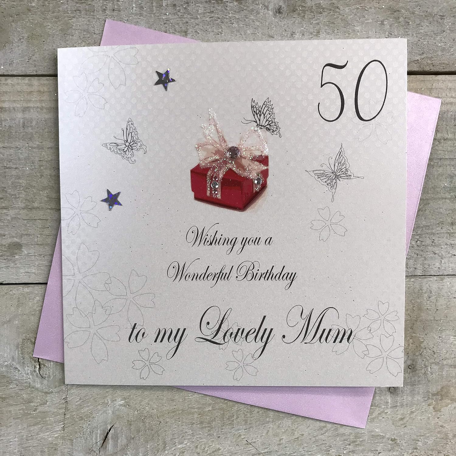 WHITE COTTON CARDS 50 Wishing you a Wonderful Lovely Mum Handmade 50th Birthday Card, White, bdp50-mum, 16cm x 16cm