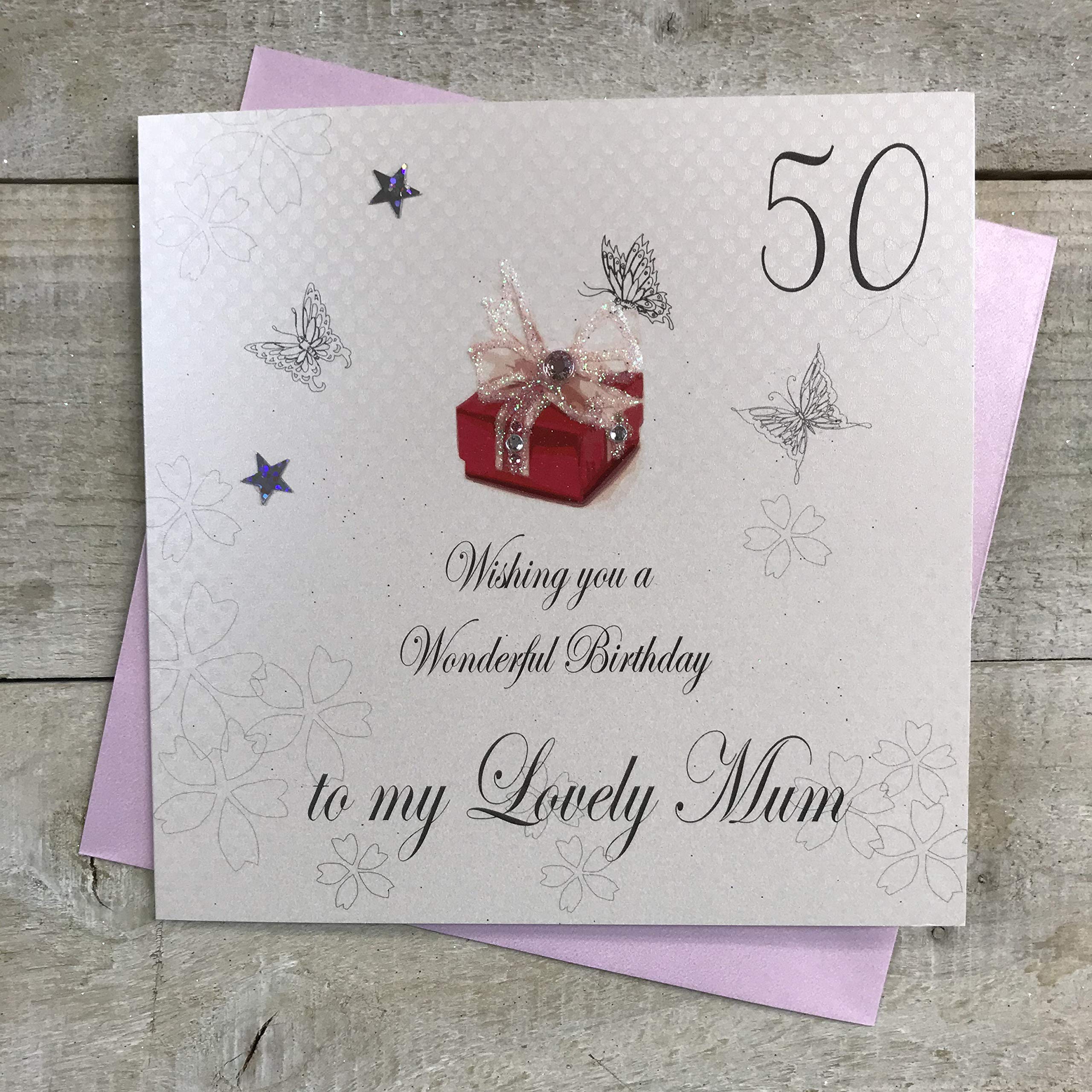 WHITE COTTON CARDS 50 Wishing you a Wonderful Lovely Mum Handmade 50th Birthday Card, White, bdp50-mum