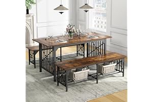 DWVO 3-Piece Dining Table Set for 4-6 People, 63" Dining Room Table with 2 Benches, Industrial Rectangular Dining Room Table Set with Storage for Kitchen, Dining Room, Rustic Brown