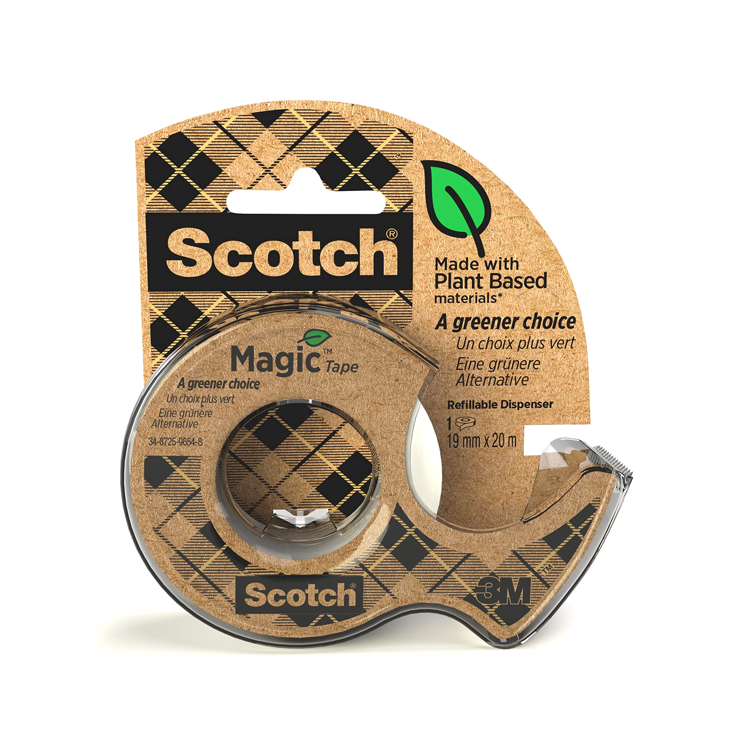 Scotch Magic Handheld Tape Dispenser, Refillable and 100% Recycled. Includes 1 Roll of Scotch Magic Invisible Tape A Greener Choice 19mm x 20m - Ideal For School, Home and Office, White
