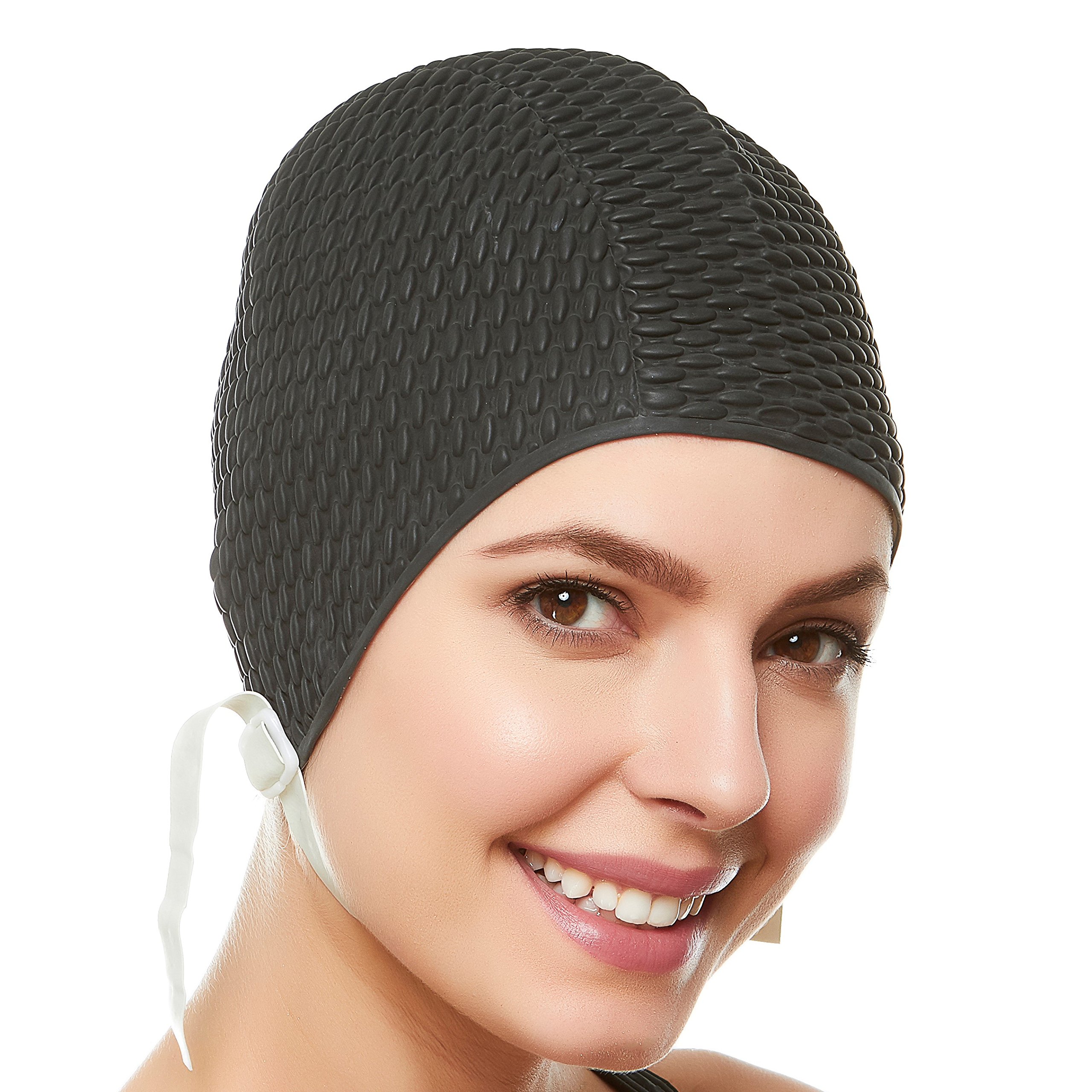 Beemo Swim Bathing Caps for Women or Girls Retro Style Latex Bubble Crepe Swimming Hat with Chin Strap for Long or Short Hair - Black