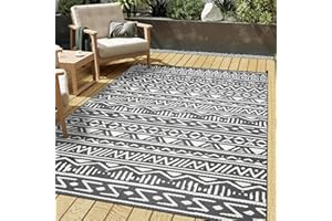 PureCozy Outdoor Plastic Straw Rug Boho Waterproof Grey Patio 5x8 Outdoor Rug Clearance Carpet Geometric Reversible Mat Gray Washable Large Outside Area Rug for Camping RV Porch Balcony Indoor