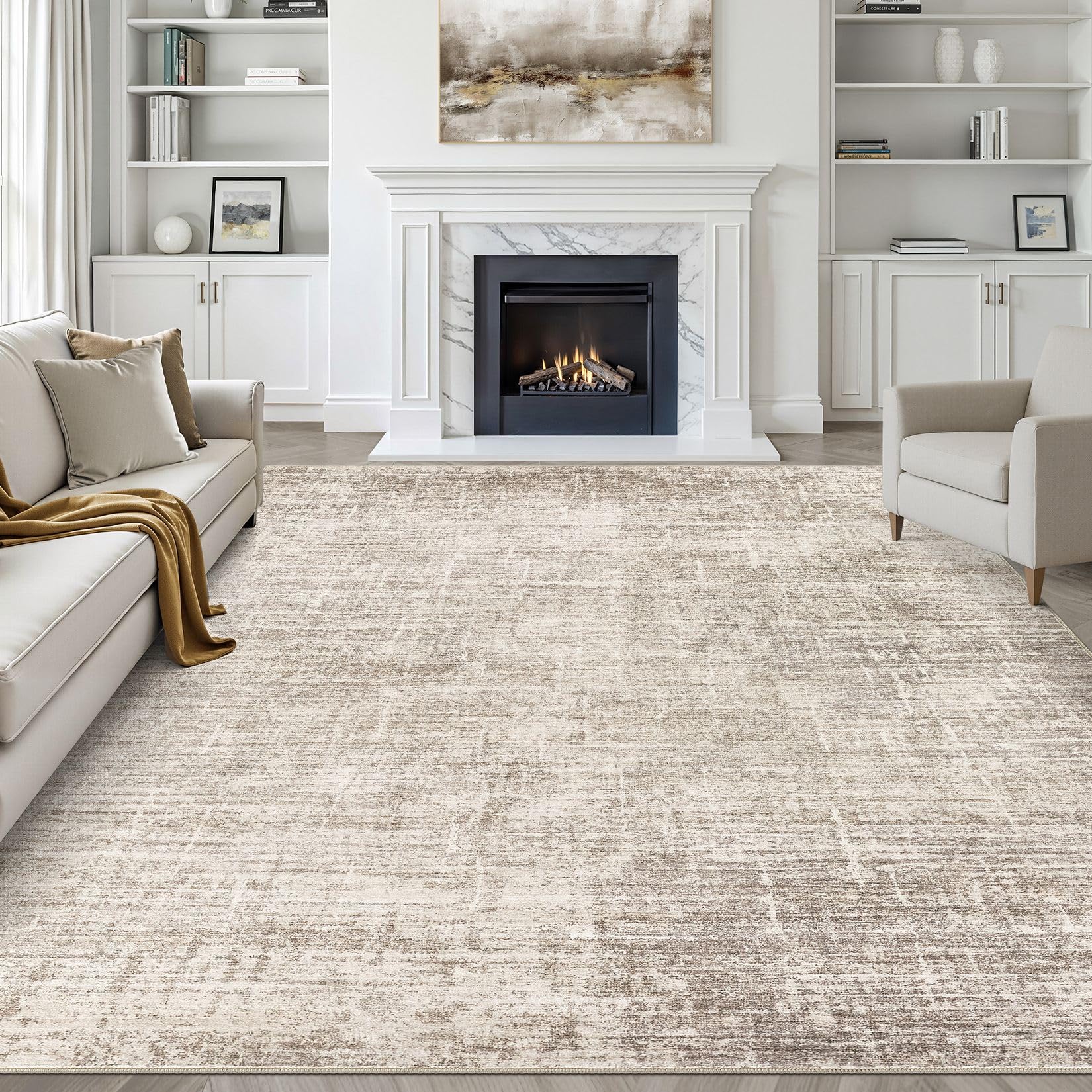 8x10 Area Rugs Living Room: Washable Large Neutral Brown Rug Abstract Soft Modern Stain Resistant Indoor Floor Non-Slip Carpet for Bedroom Nursery Kids Office Playroom Dining Room Under Table Home