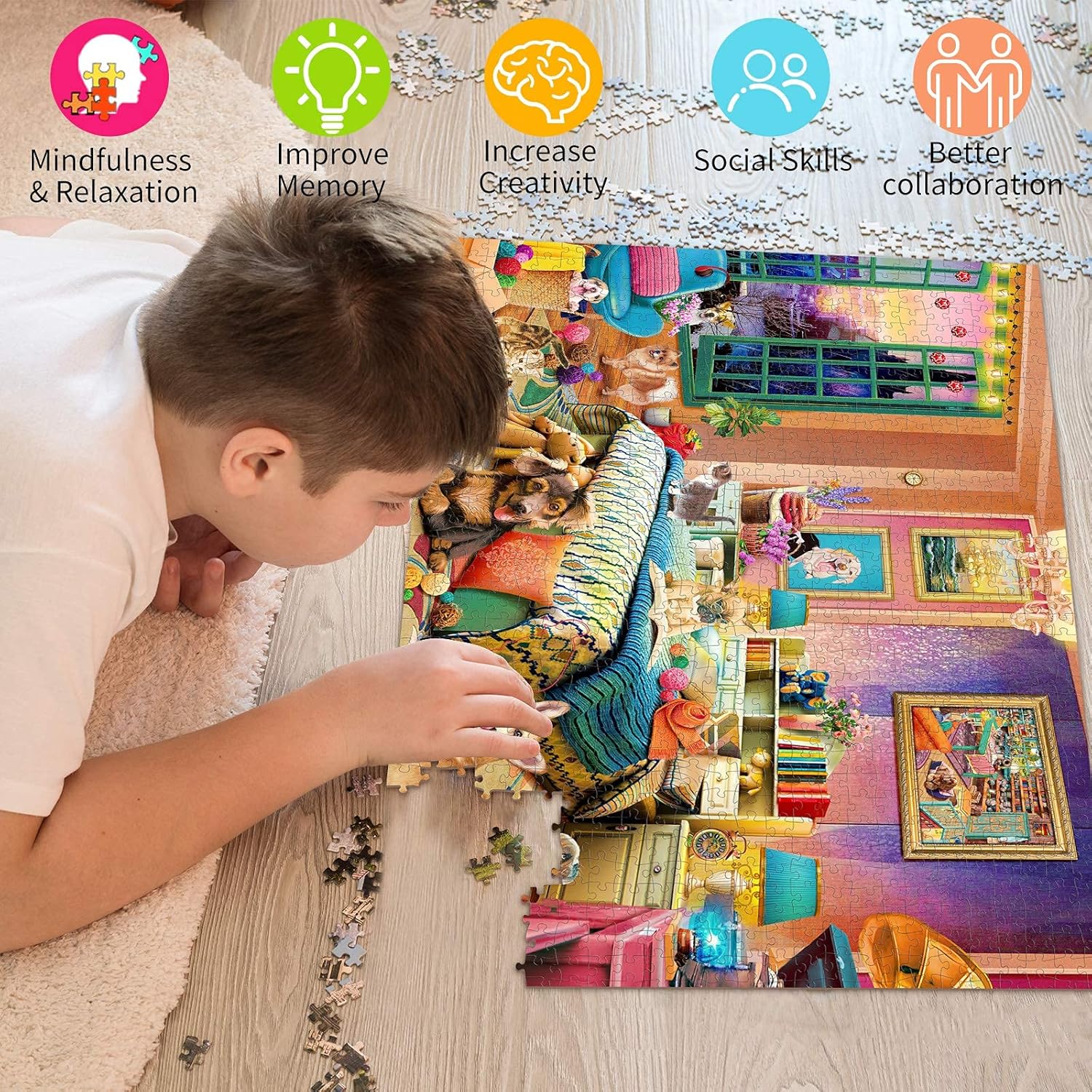 HUADADA Jigsaw Puzzles 1000 Pieces - Mischievous Pets - Puzzles 1000 Piece Family Games Puzzles for Adults 1000 Piece Funny Challenging Cute Cat Dog Puzzle (27.56" x 19.67"): Toys & Games