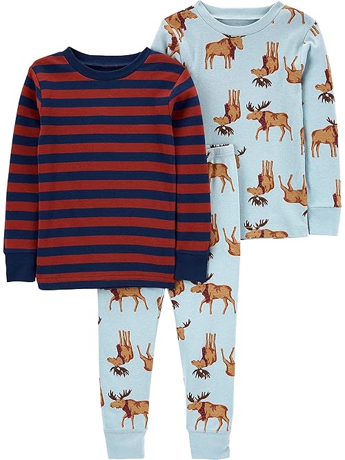 Simple Joys by Carter's Baby 3-Piece Snug-fit Cotton Holiday Pajama Set, Burgundy Stripe/Light Blue Moose, 4T