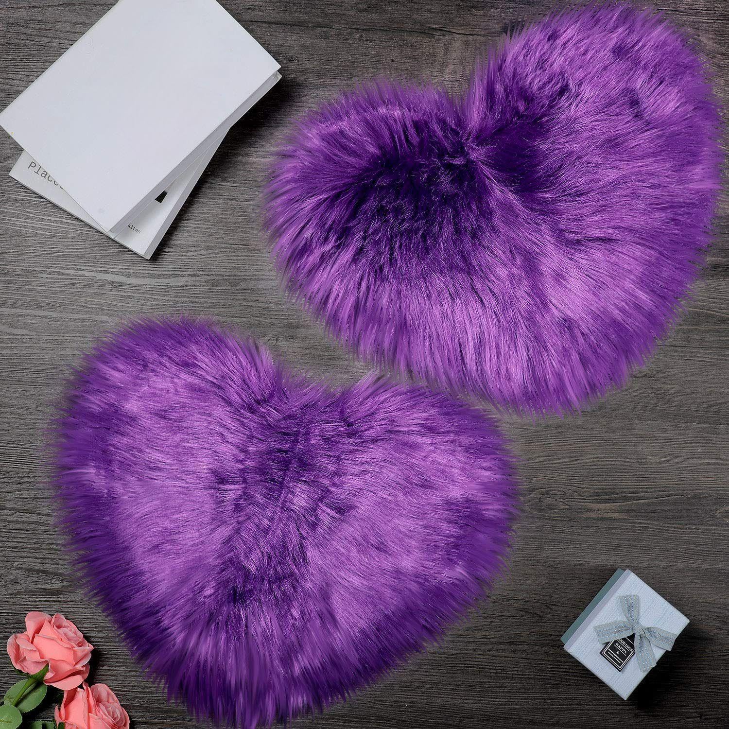 2 Pieces Fluffy Heart Shaped Rug Faux Area Rug Bushy Room Carpet for Home Living Room Sofa Floor Bedroom, 12 x 16 Inch (Purple)