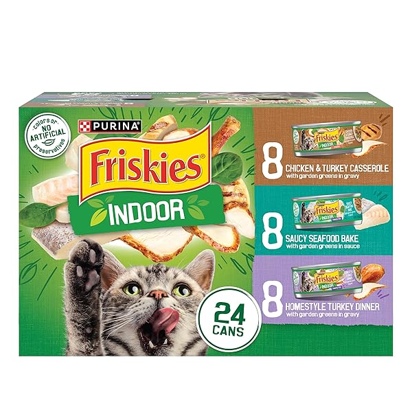 PURINA FRISKIES INDOOR CAT FOOD 24CT VP – (CHICKEN AND TURKEY CASSEROLE, SAUCY SEAFOOD BAKE, HOMESTYLE TURKEY DINNER) – (PACK OF 24) 5.5 OZ. CANS