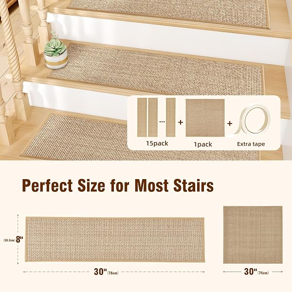 15PCS STAIRS TREADS AND 1 LANDING CARPET, BREATHABLE CHENILLE STAIR CARPET NON SLIP FOR WOODEN STEPS RUBBER BACKING STAIRS RUNNER INDOOR TREADS STAIR COVERS MAT 8″X30″ AND 30″X30″