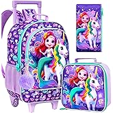 FTJCF 3Pcs Rolling Backpack for Girls, Kids Unicorn Roller Bookbag with Wheels, Wheeled School Bag Set for Elementary (Purple)