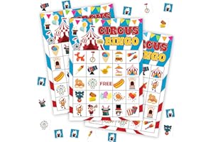 TRANFVGING Circus Bingo Games For Adults, Carnival Party Games Bingo Set, Carnival Birthday Game Bingo Cards, Circus Themed Bingo Favors For Family Friend, Fun Circus Party Activity Decor & Supplies -06