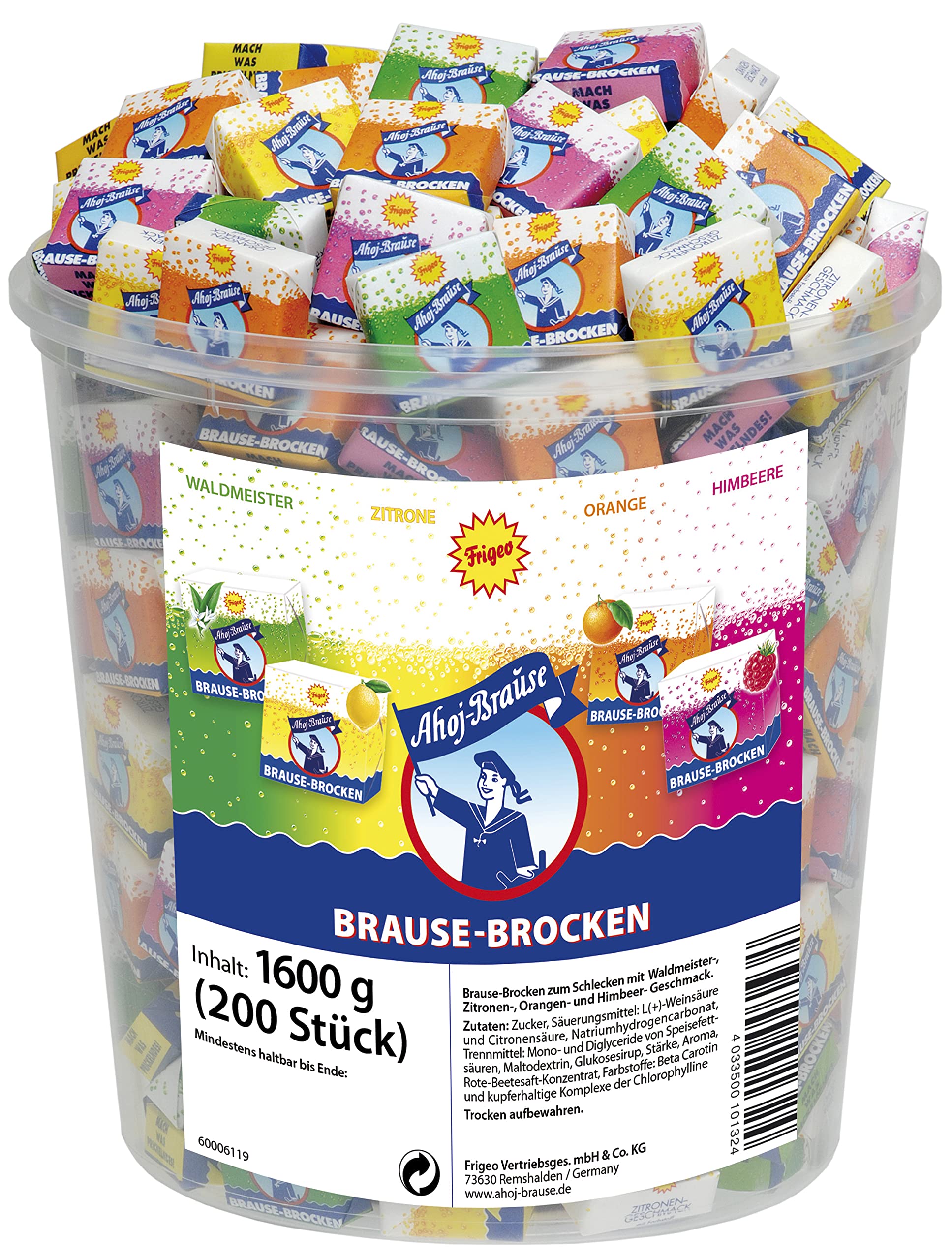 Frigeo Ahoj-Brause Ahoj-Brause Brause-Brocken–extra große Brause-Stücke in vier prickelnden, süß-sauren Geschmacksrichtungen, Brause-Würfel einzeln verpackt, im Vorrats-Pack, 200 Stück im 1,6 kg Eimer