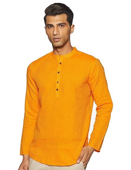 Men's cotton achkan Kurta (SS19/NAY-1022 B_ Orange_ Small)