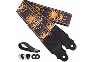YIKOKO Guitar Strap Golden Sun, Cowhide Leather End, 2" Guitar Straps for Acoustic and Bass Electric Guitars, Free Button, 2 Strap Locks and 4 Guitar Picks