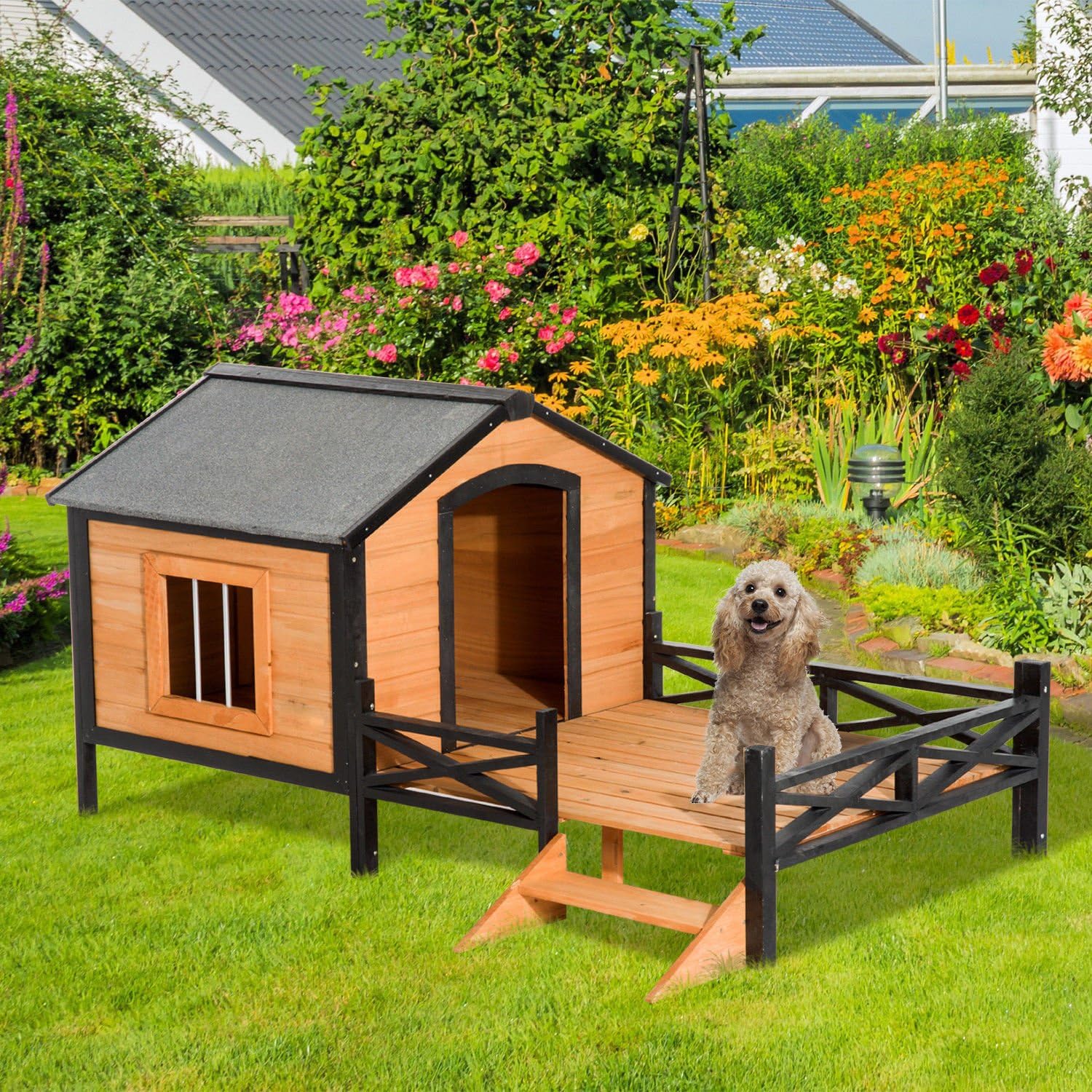 Amazon Com Tidyard Wooden Dog Cabin With Porch And Stair Outdoor