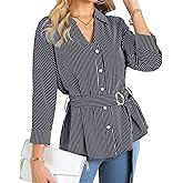 Women Business Casual Button Down Blouse Belted Peplum Shirt 3/4 Sleeve V Neck Collared Work Office Dressy Tops