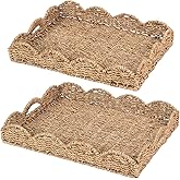 2Pcs - Scalloped Basket, Decorative Basket, Seagrass Tray (17 x 13 x 3 inch - 2Pcs) with Scalloped Edge and Built-in Handles, Rectangle Serving/Rattan/Wicker/Woven/Basket Tray