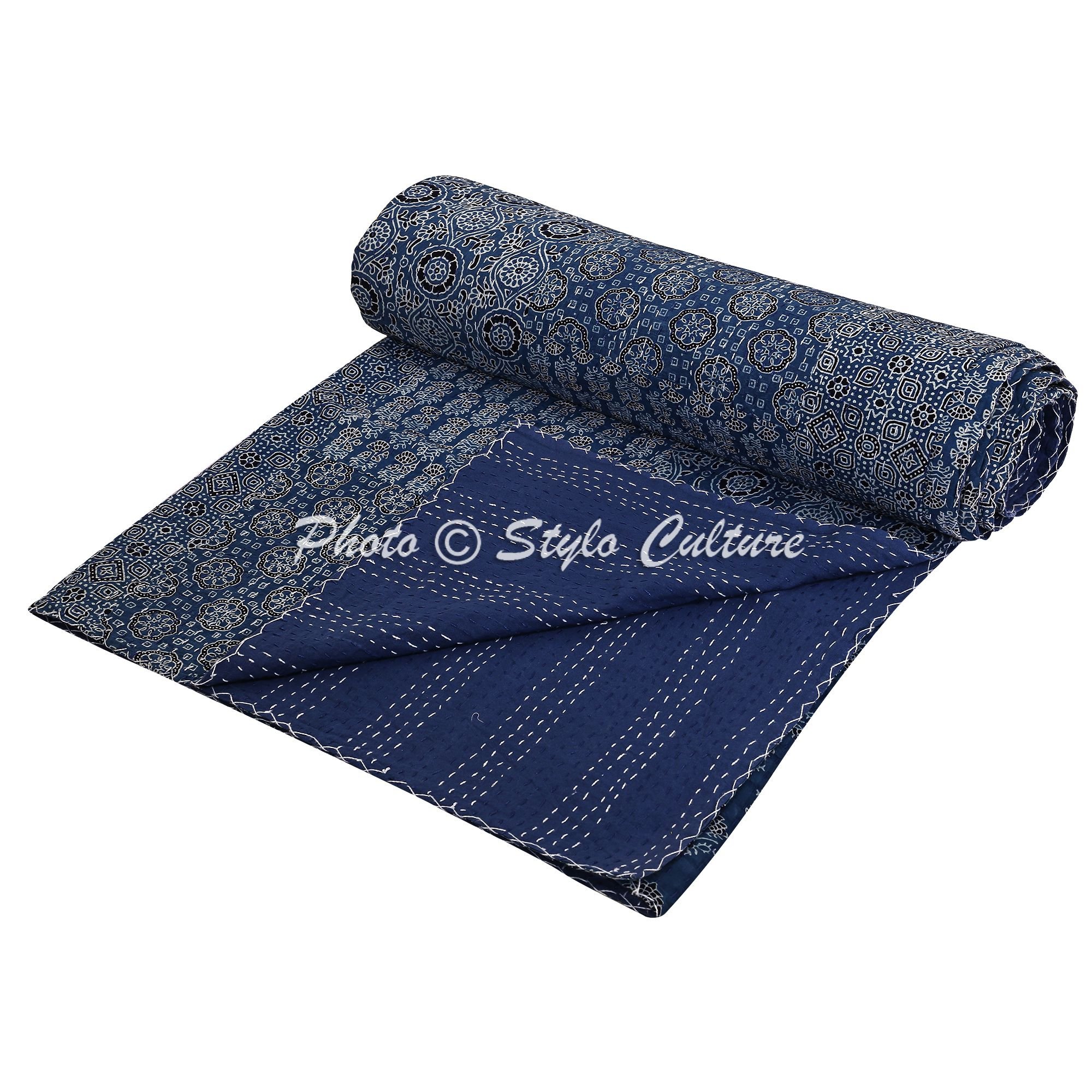Stylo Culture Indian Kantha Cotton Bed Cover Double Blue Indian Cotton Ajrakh Print Patchwork Floral Hand Stitched Bedding Bed Cover