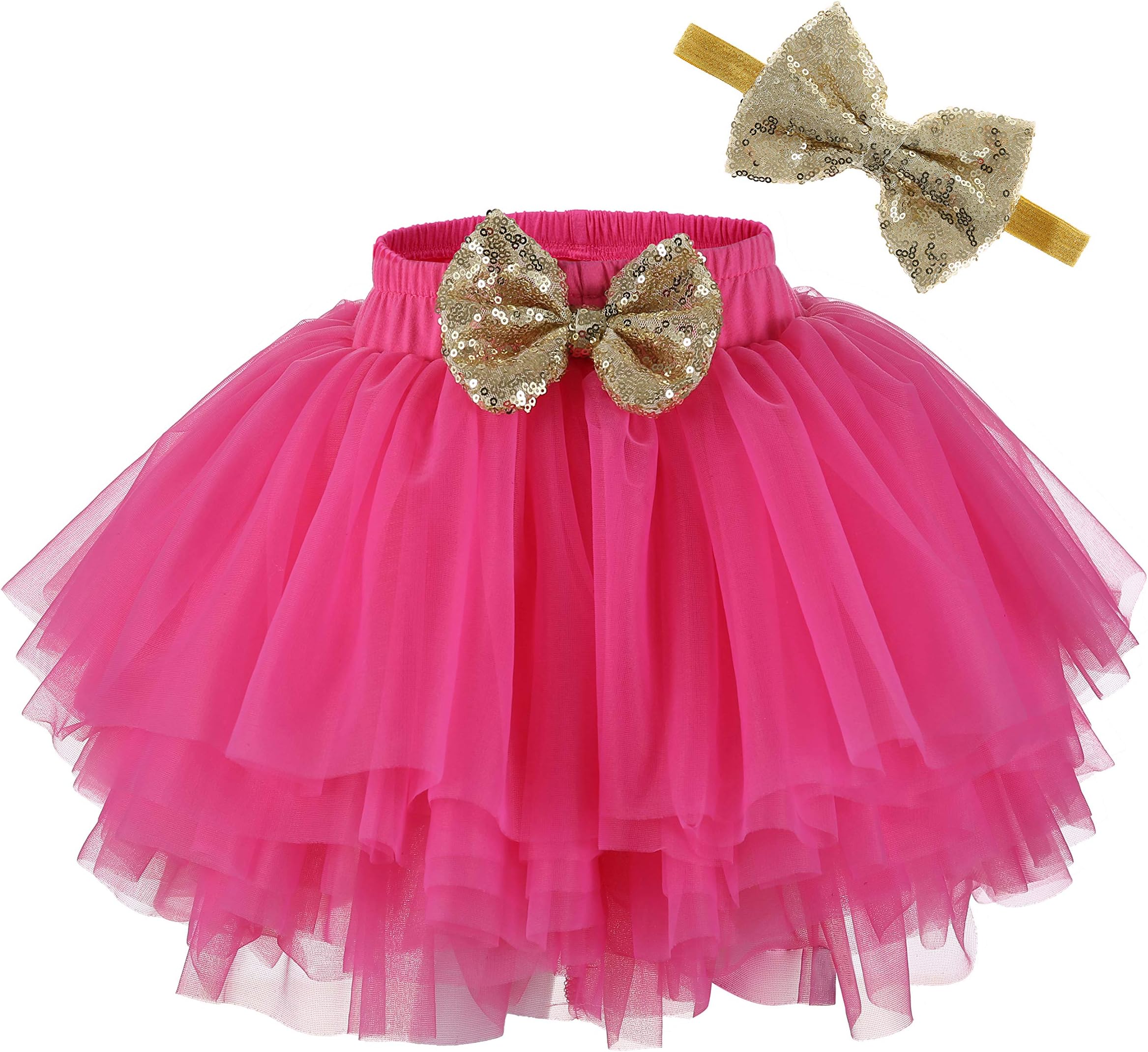 Newborn Baby Girl Tutu Headband Set Toddler 4, 6-Layer Fluffy Tulle Skirt with Built-in Shorts 0-7T