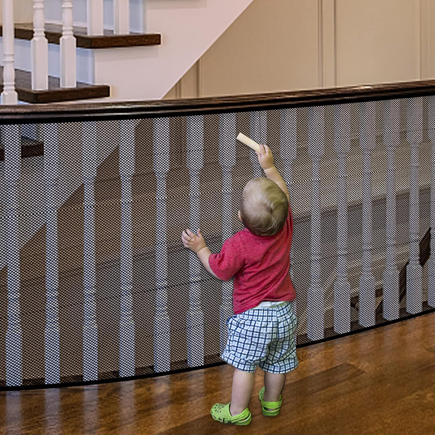 Photo 1 of Stairway Net, Baby Gate for Stairs with No Drilling, Baby Safety Banister Guard Rail Net, 18 ft L x 2.66 ft H, Safety Net Balcony Banister Stair Net for Child, Small pet,Toy- Indoor & Outdoor(Black)