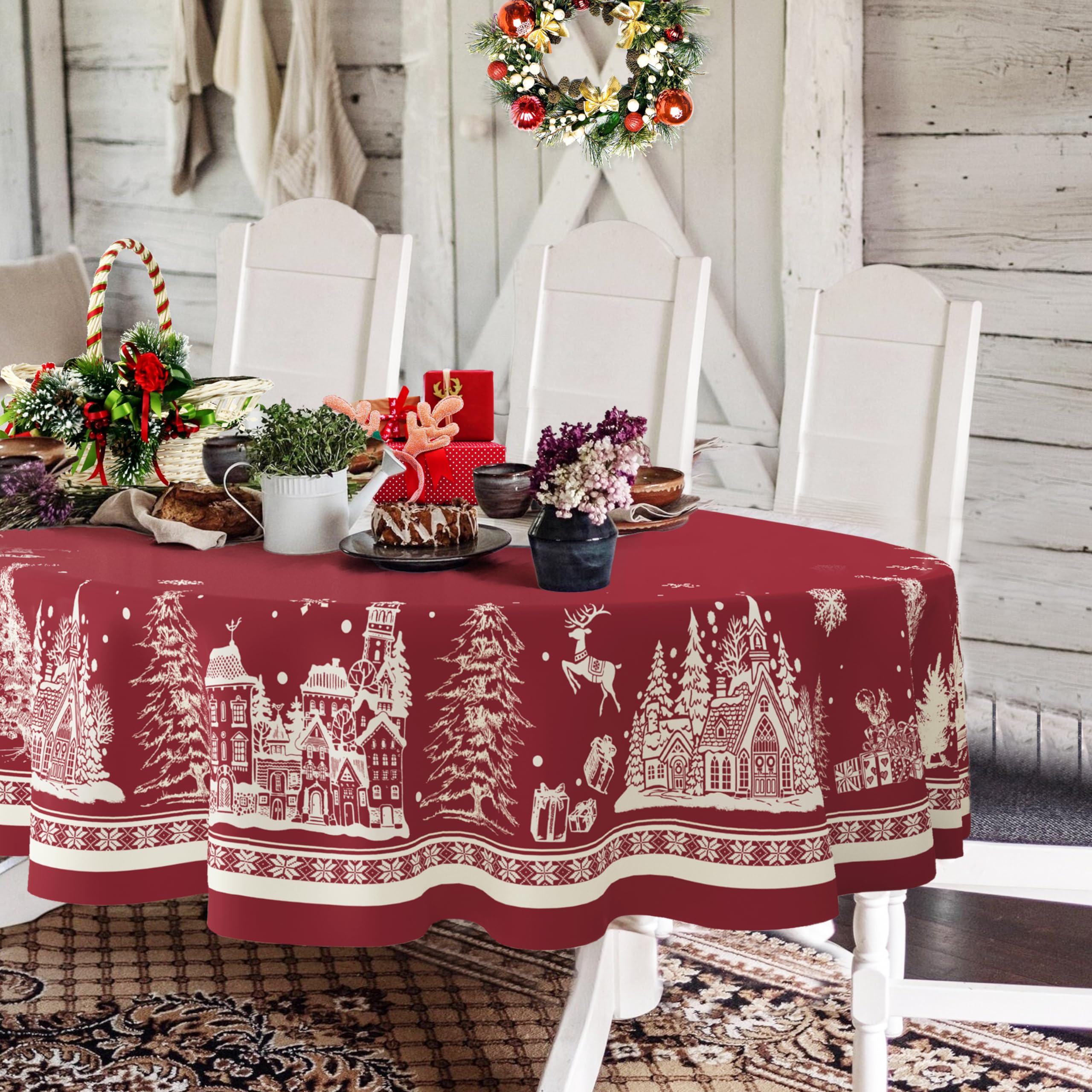 Oval Christmas Tablecloth 60 x 84 In,Christmas Tree Elk Santa Snowflake Red Christmas Tablecloth,Polyester Waterproof Wrinkle Resistant Durable Table cloth for Holiday,Kitchen,Winter and Home Decor — image 1