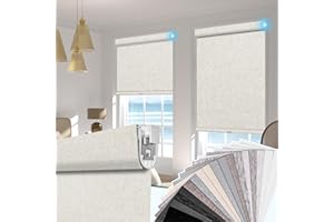 BERISSA Motorized Blinds with Remote,No Drill Dual-Control(Manual + Remote) Electric Roller Blinds for Indoor Windows,Linen F