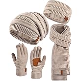 Women Beanie Scarf Gloves Headband Set Winter Hats Fleece Lined Scarf Touchscreen Gloves Ear Warmer Knit 4 Gift Set