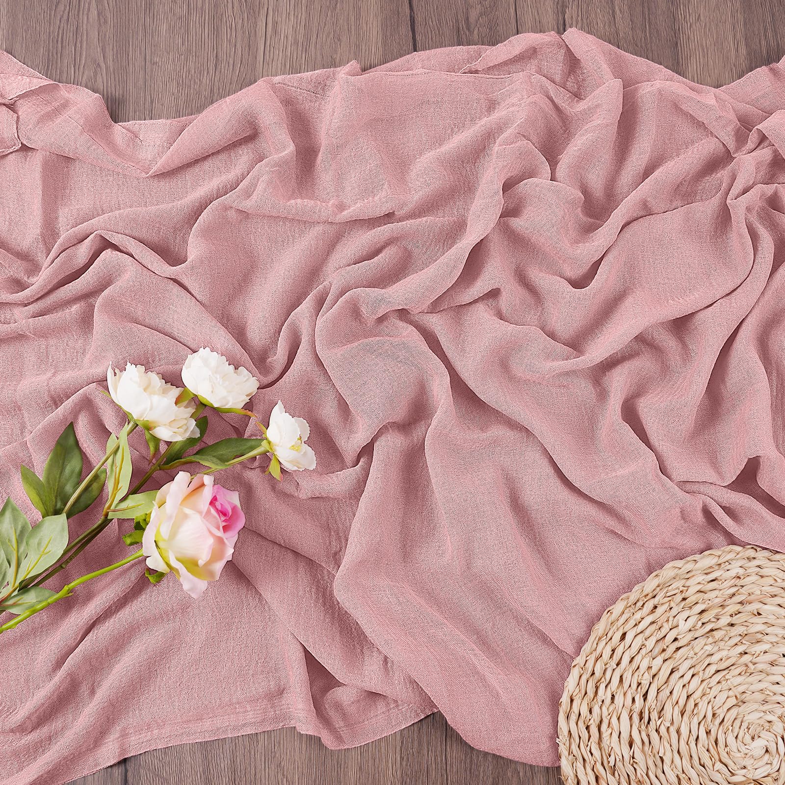AUAUY 2 Pack Cheesecloth Table Runners, 80x300cm Boho Gauze Fabric Table Runner, Cheese Cloth Long Table Runners for Baby Shower Decoration Wedding Holiday Party Summer Table Runner (Pink)