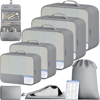 BAGAIL 9 Set Packing Cubes with Packing List Luggage Packing Organizers for Travel Accessories (Pewter Color)
