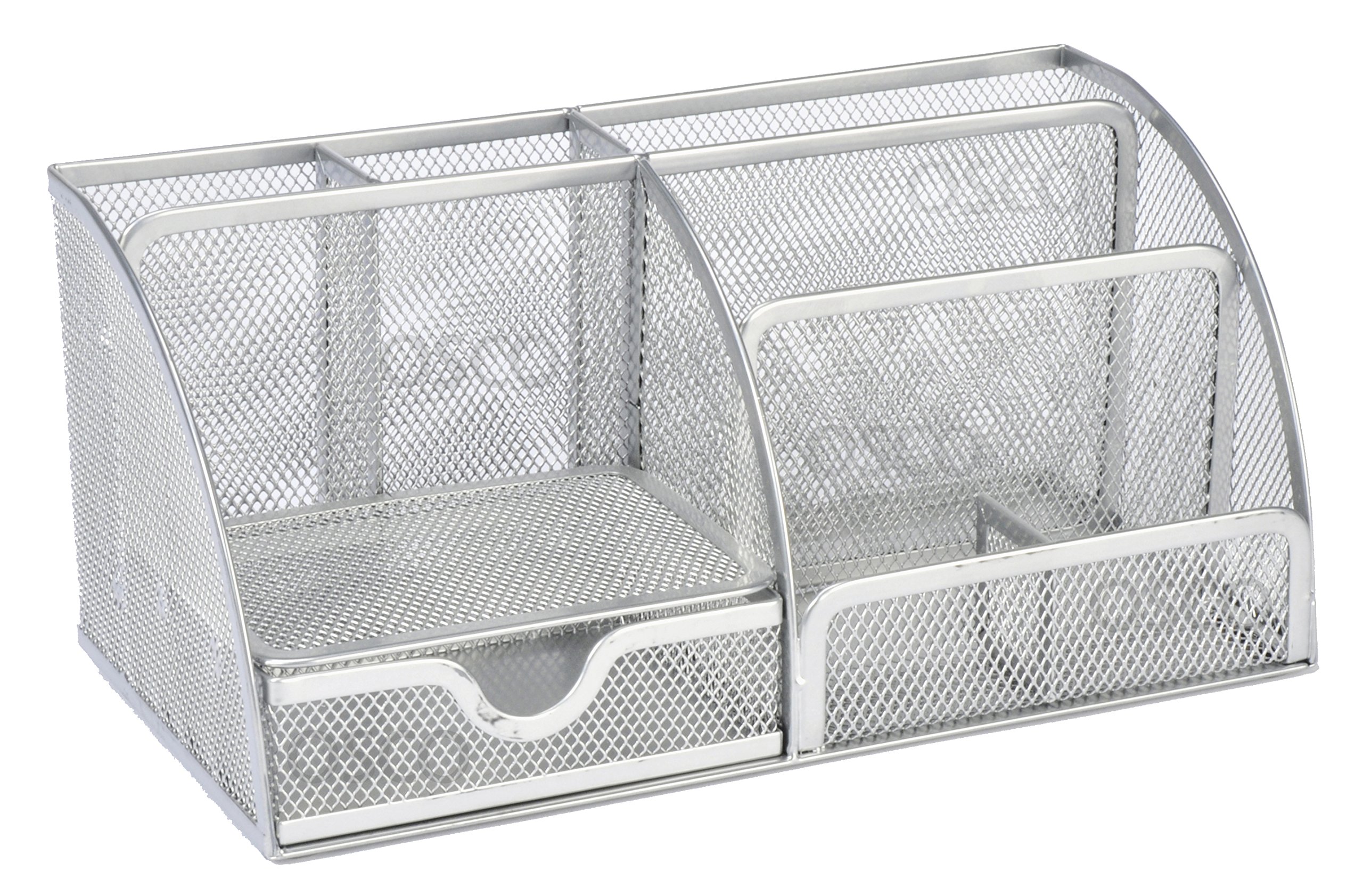 OSCO Large Wiremesh Desk Organiser, Metal Mesh Pen Pot Desk Tidy with 7 Compartments & Single Drawer, Desktop Stationery Storage for Office & Home, Silver