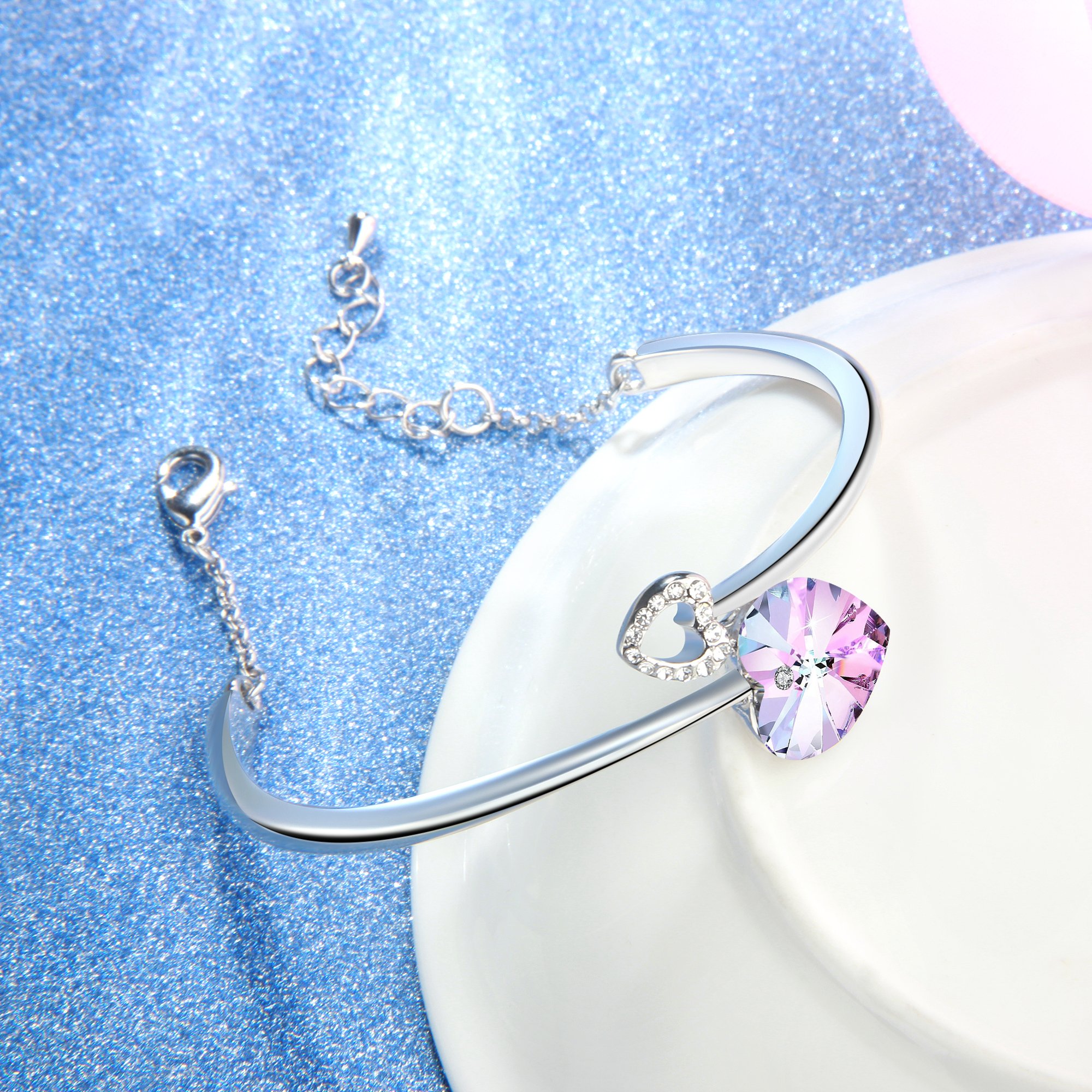 Angelady Love Story Heart Link Bangle Bracelet for Women Girl Birthday Anniversary Wedding Gifts,Adjust Chain Bracelet Graduation Anniversary Gift,Crystal from Swarovski (Purple Pink)