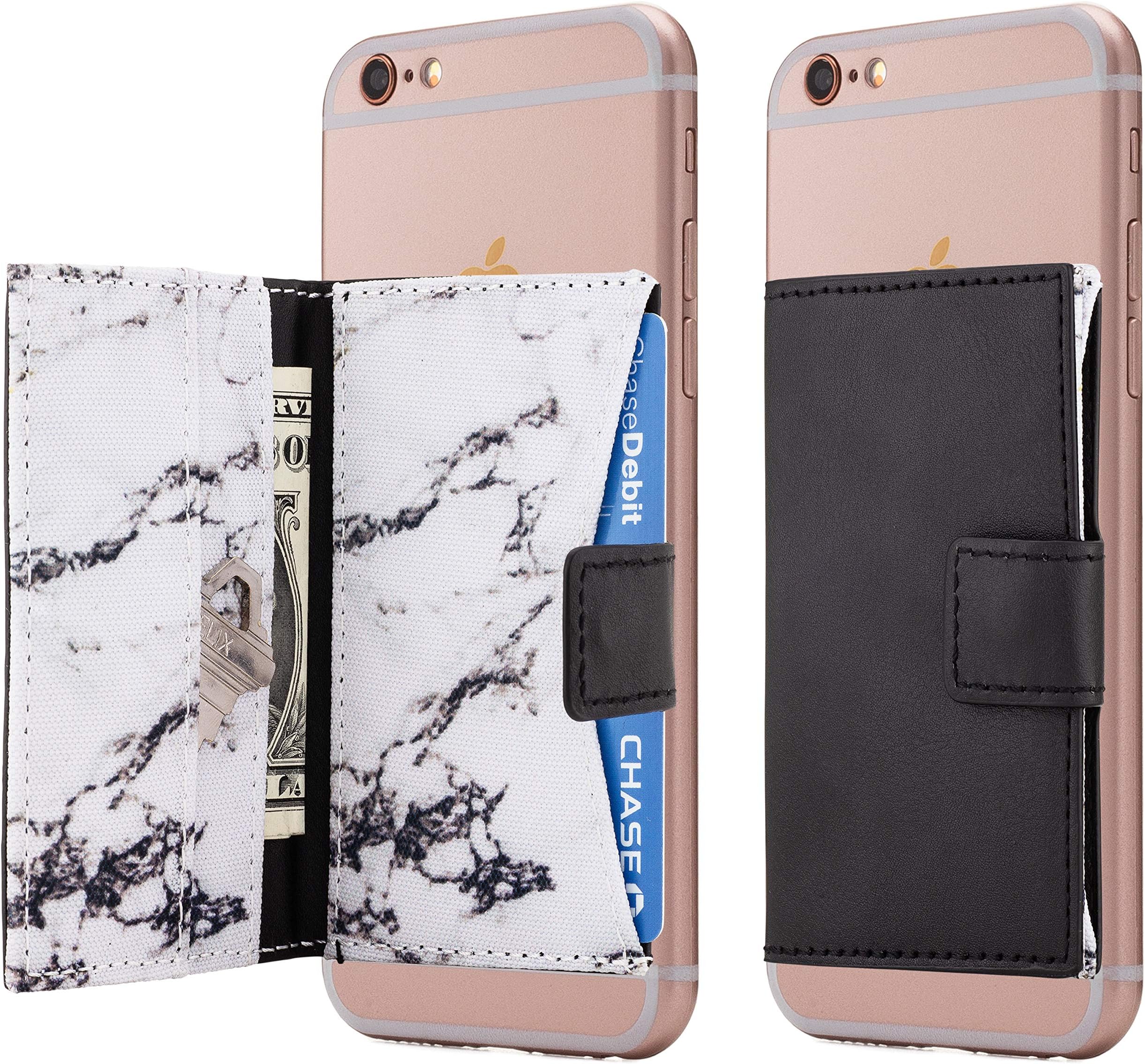 Cell Phone Card Holder Stick on Wallet Phone Pocket for iPhone, Android and All Smartphones (White Marble)