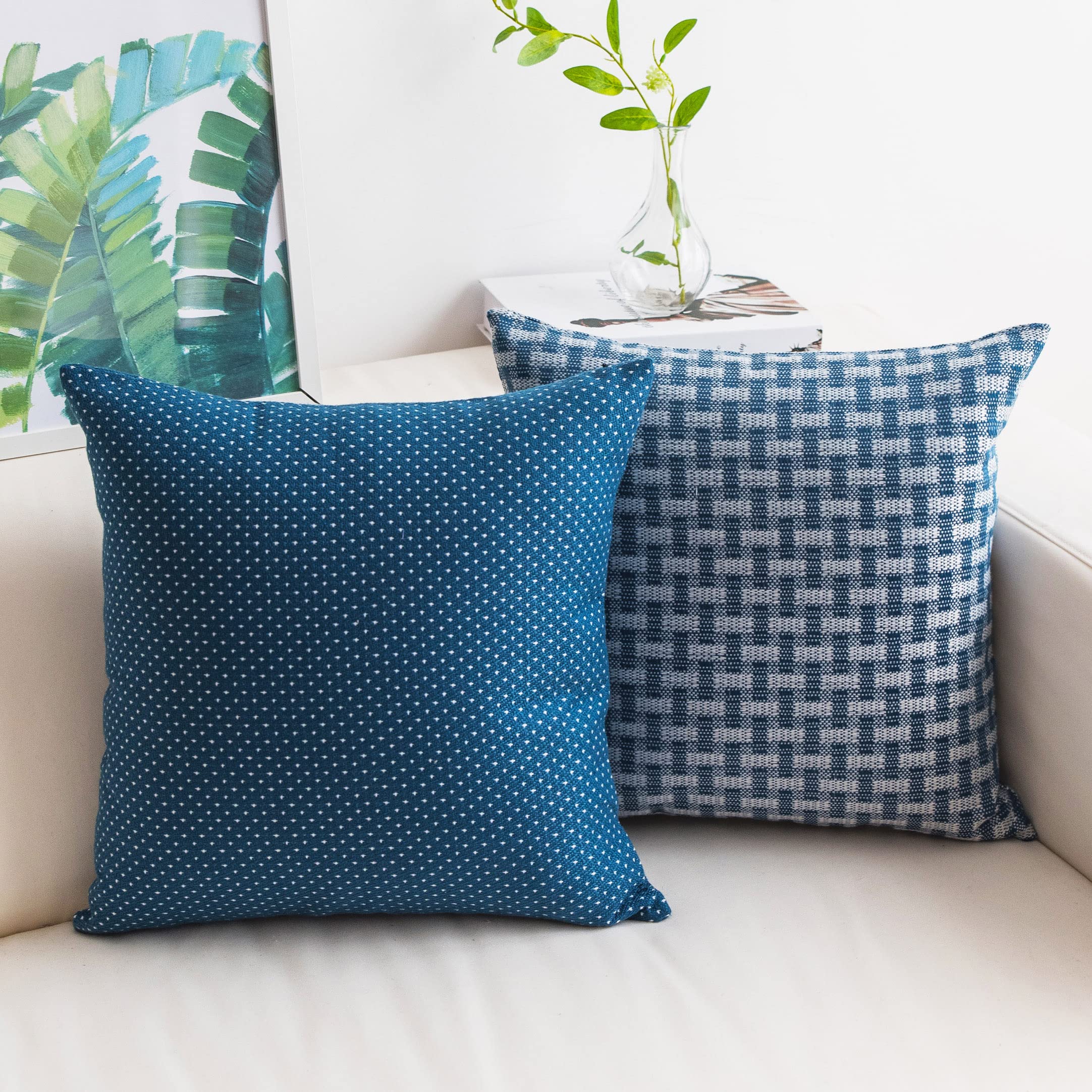 Home Brilliant Navy Blue Cushion Covers 45 x 45 Set of 2, Lined Linen Cushion Cover for Couch Sofa, Dots and Checkers Cushion Covers 45cm x 45cm, 18 inch, White Navy