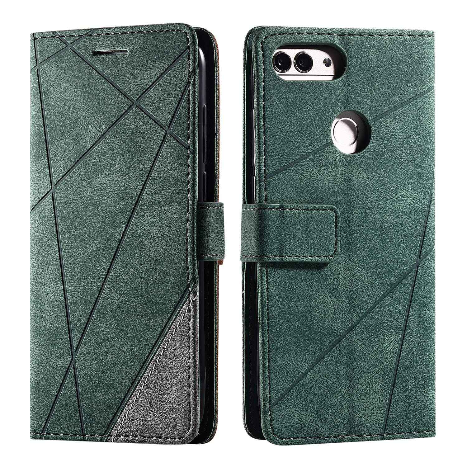 SONWO Case for Huawei P Smart 2018 / Huawei Enjoy 7S Case, Premium Leather Flip Wallet Case Magnetic Closure Card Slots Kickstand Phone Case for Huawei P Smart 2018 / Huawei Enjoy 7S, Green
