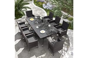 Delnavik 10-Piece Patio Outdoor Dining Set, Wicker Patio Furniture Set of 8 Rattan Chairs with Soft Cushions and Two Square Table with Umbrella Cutout, Grey