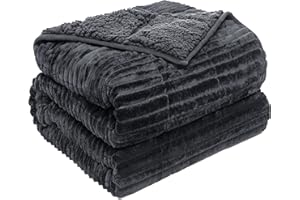 Pawque Sherpa Weighted Blanket Twin/Full Size for Adult 15lbs, Fuzzy Heavy Blankets with Ribbed Stripes, Dual Sided Cozy Plush Blanket with Premium Beads for Bed Sofa Couch, 48 x 72 Inches, Dark Grey