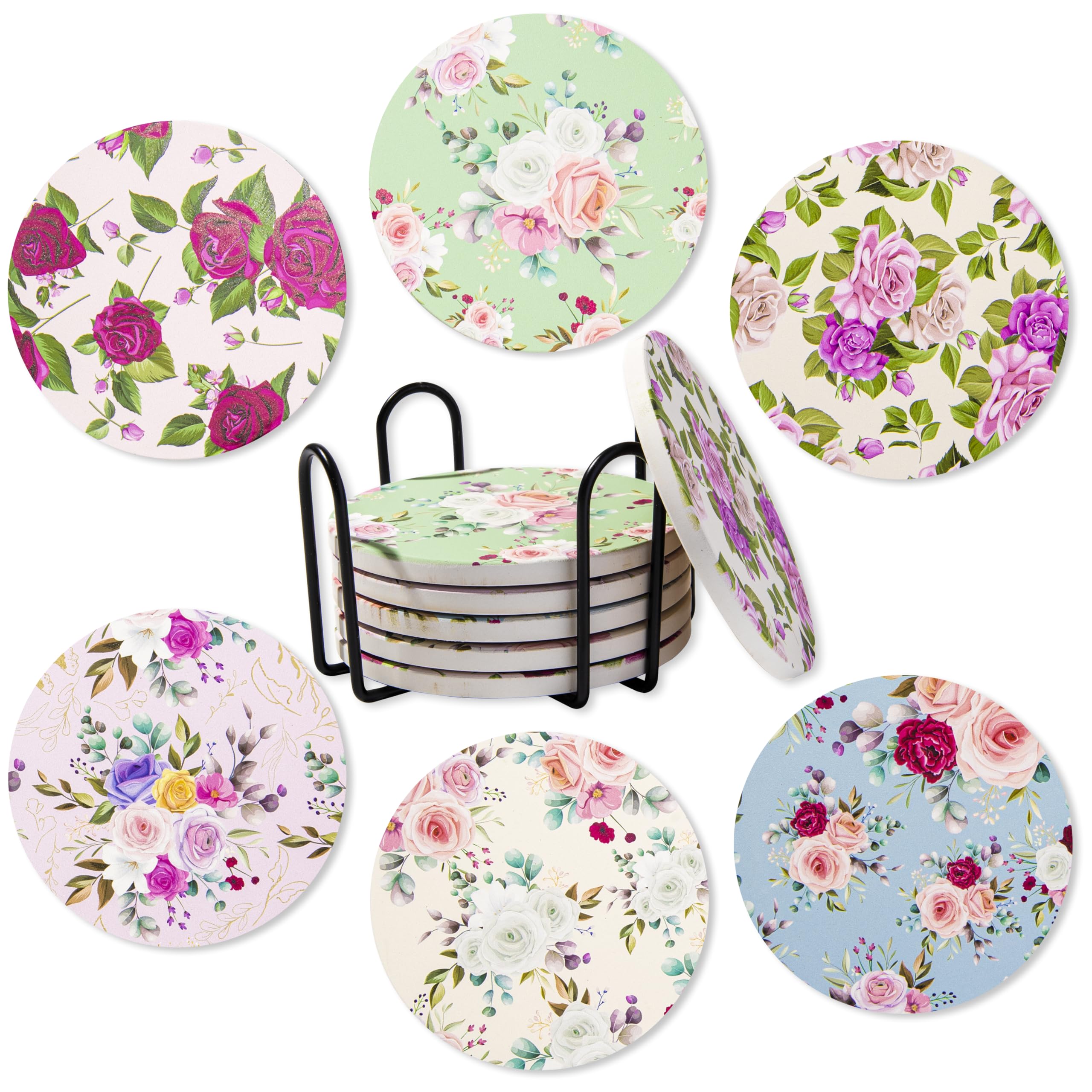 Ocves Coasters Set of 6, Absorbent Ceramic Drink Coasters with Holder, Round Coaster with Non-Slip and Scratch Resistant Cork Base for Coffee Table, Home Decor, Housewarming Gift (Rose)