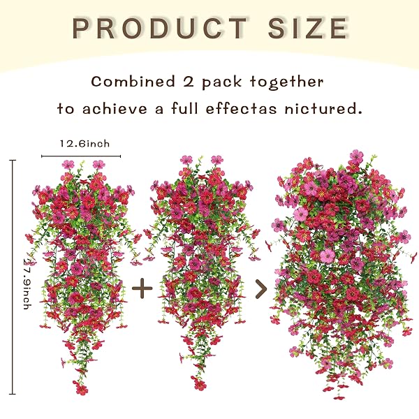 SENJIE 4 PCS ARTIFICIAL HANGING FLOWERS FOR OUTDOOR SPRING DECOR, UV RESISTANT FAKE SILK FAUX FLOWERS PLANTS FOR OUTSIDE PORCH PATIO BALCONY PLANTERS