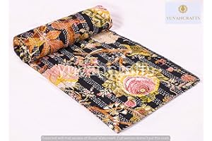 YUVANCRAFTS Indian Handmade Floral Print Kantha Quilt Queen Size Pure Cotton Kantha Throw Vintage Kantha Bedspread Blanket (Black)