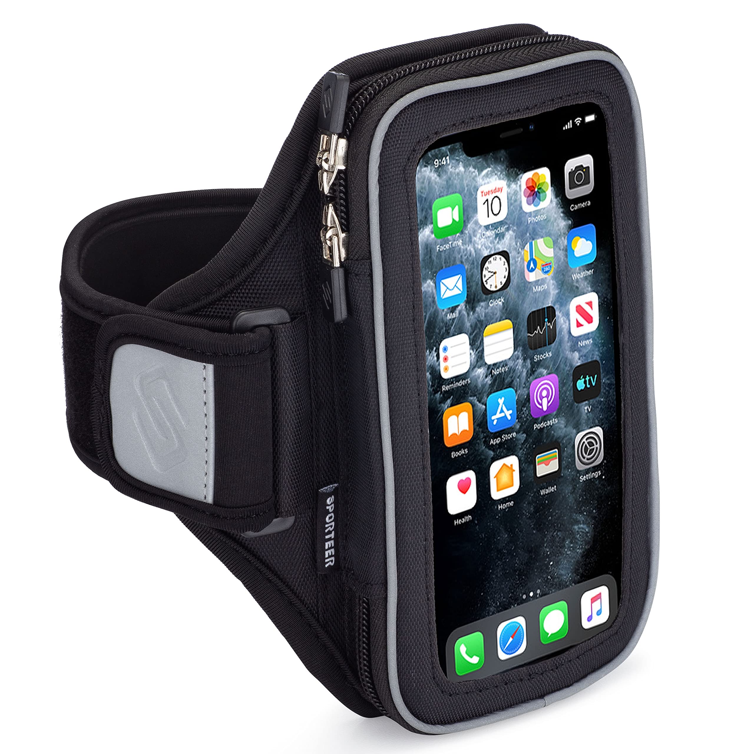 Sporteer Entropy E8 Padded Running Armband - Contoured Memory Foam Support for iPhone 17/16/15 Pro Max & Plus, Galaxy S26+/S25+, Pixel 10 XL & Galaxy A57/A56/A17/A16 - Fits Large Cases
