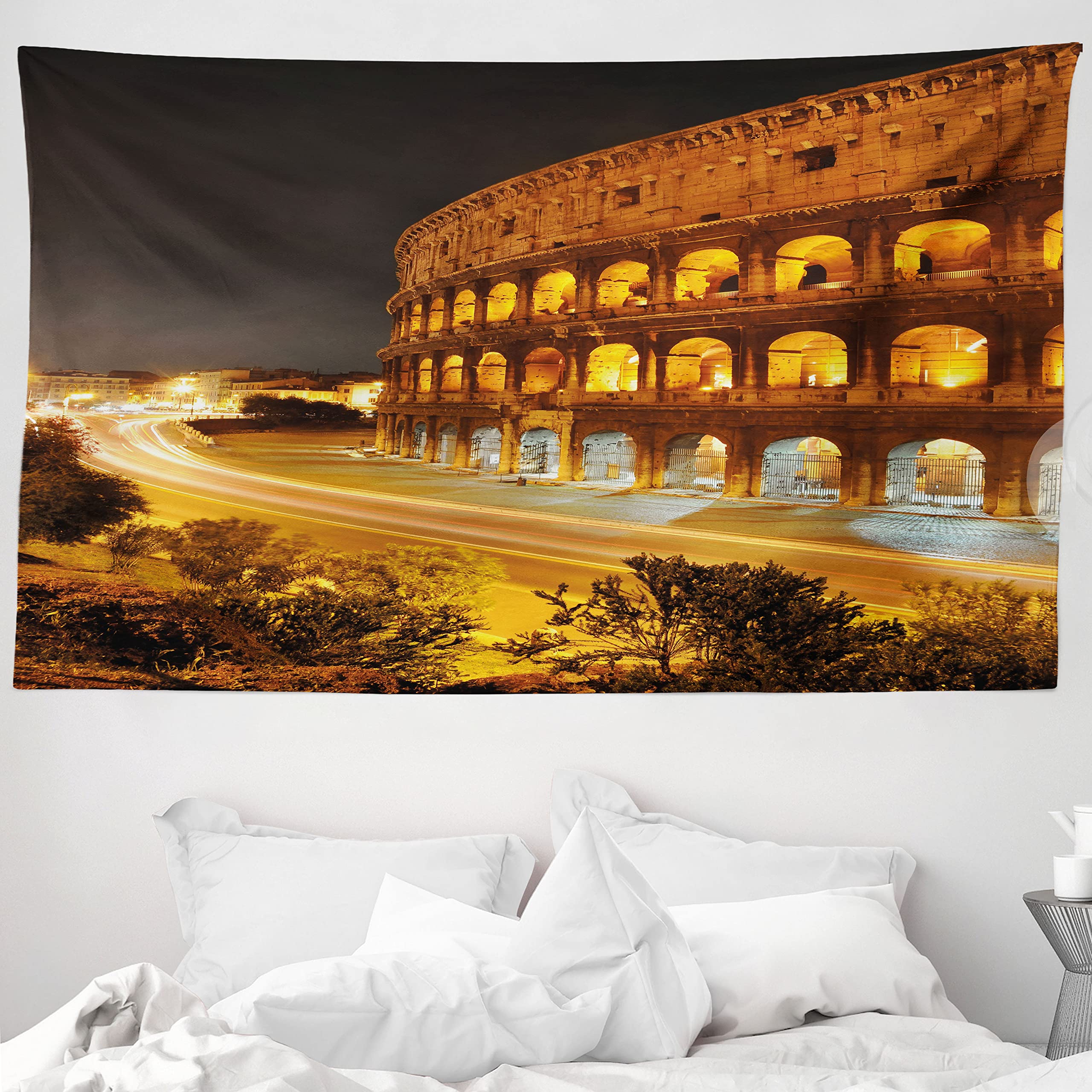 ABAKUHAUS Italy Tapestry, Colosseum at Night Scenery Rome European City Heritage Monument Landscape, Fabric Wall Hanging Decor for Bedroom Living Room Dorm, 90 W X 54 L, Amber Marigold Black