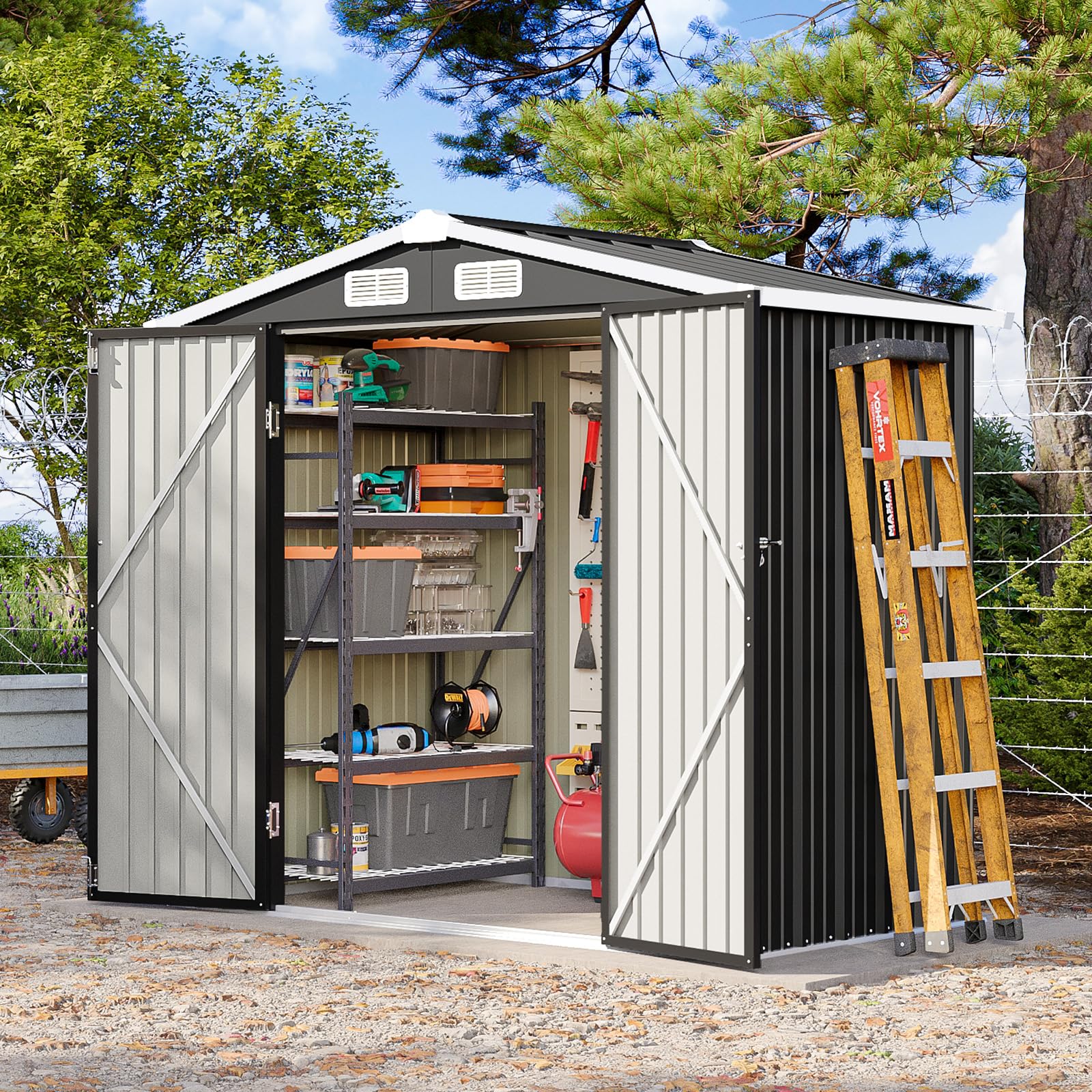 Photo 1 of ***FACTORY SEALED***
Breezestival 6x4FT Outdoor Storage Shed, Metal Garden Tool Shed with Sloping Roof & Lockable Door for Patio Lawn Backyard (Black, 6x4FT)