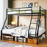 Metal Twin Over Full Bunk Bed with Ladders &amp; Full Guardrails, Black | Heavy Duty Bunk Beds Twin Over Full Size with Full Guardrails, Space Saving for Guest Room, Dorm, Kids Bedroom
