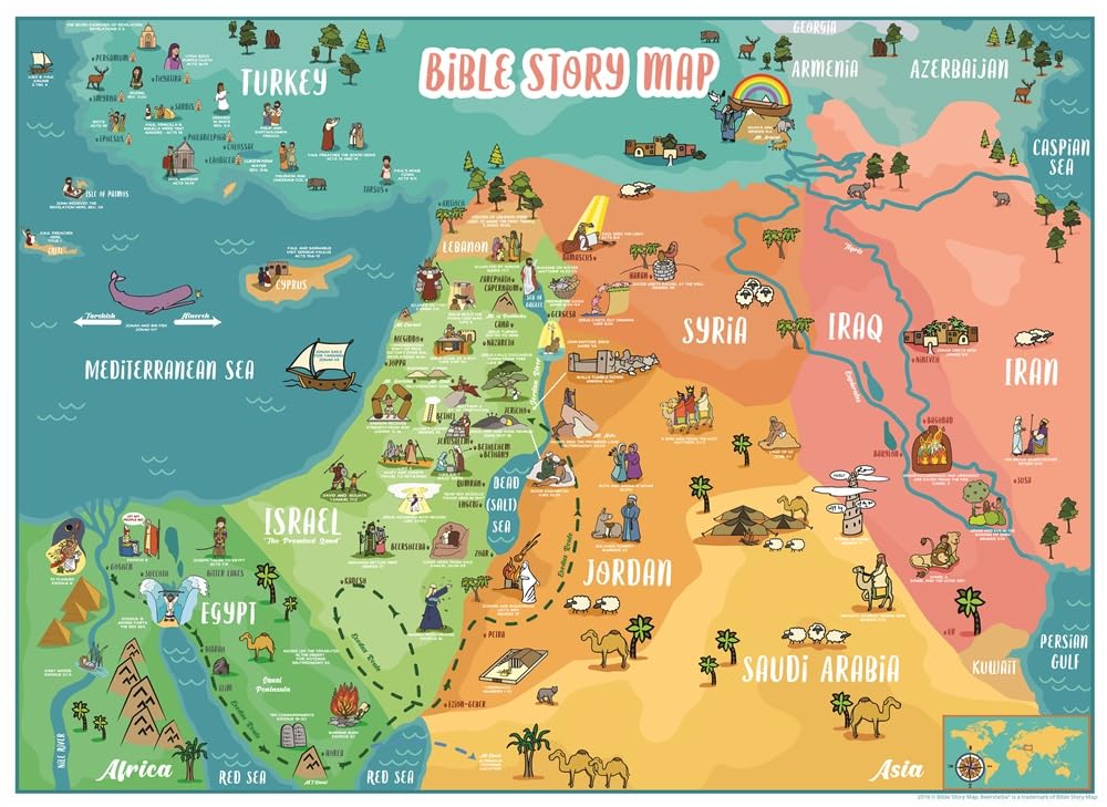 Photo 1 of Bible Story Map Poster (Laminated) 18" x 24" - For Classroom, Christian Learning, Homeschool, Christian History and Art, Sunday School - Educational with over 70 Illustrated Bible Images, Kid-Friendly