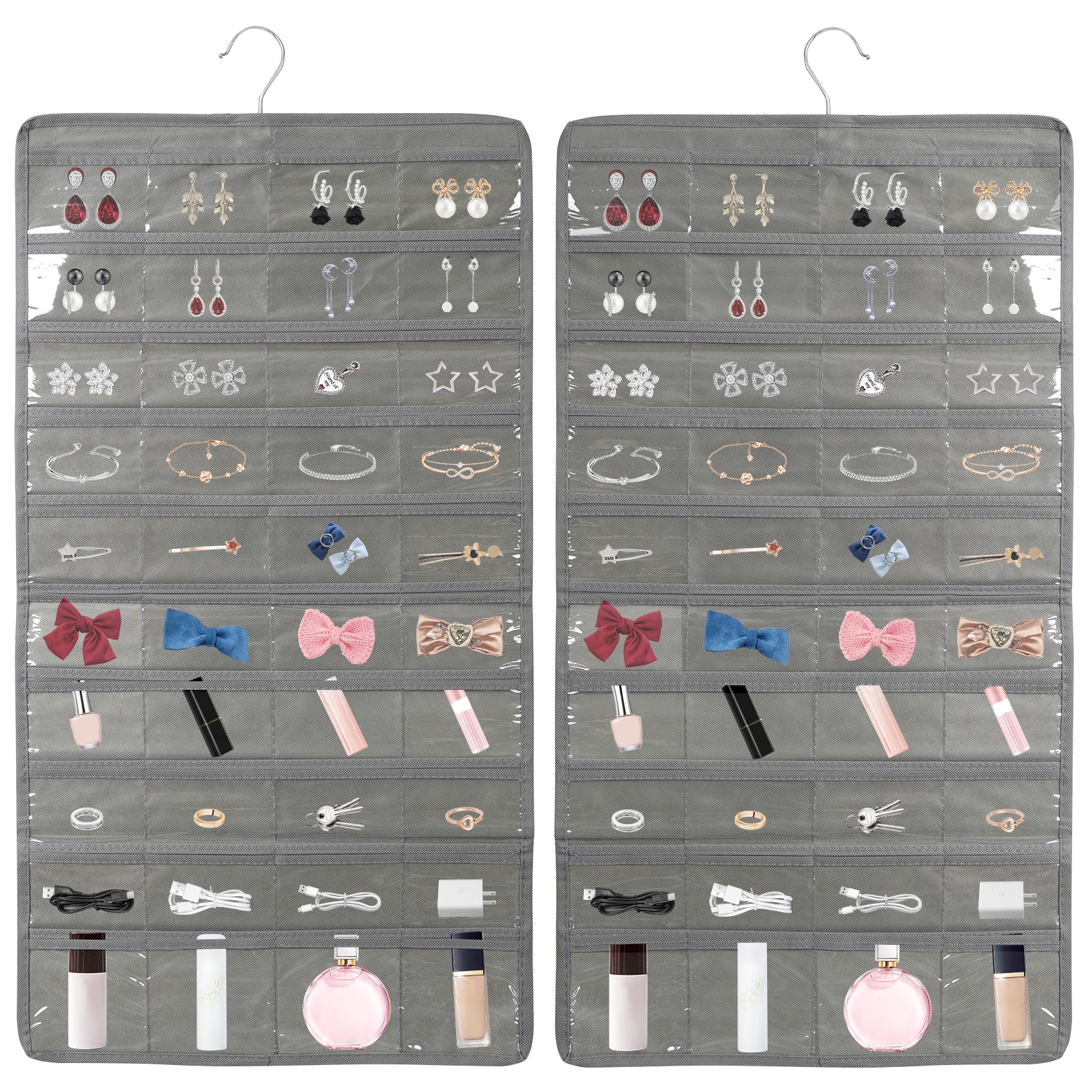 SAVORLIVING Hanging Jewelry Organizer, Dual Sided Closet Earring Storage with Hanger, 80 Clear Pockets Storage for Jewelry Necklaces, Bracelets (Grey)