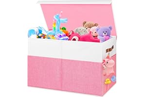 Mabahoo Large Toy Box, Collapsible Sturdy Storage Organize Chest Boxes With Lids, 25"x13"x16" Kids Toy Chest Bin Baskets for Living Room, Bedroom, Nursery, White & Pink