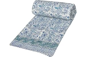 V Vedant Designs Indian Handmade Twin/Queen Kantha Quilt Floral Print Kantha Blue Cotton Bedspread Gudari (Twin Size(90x60) Inches)